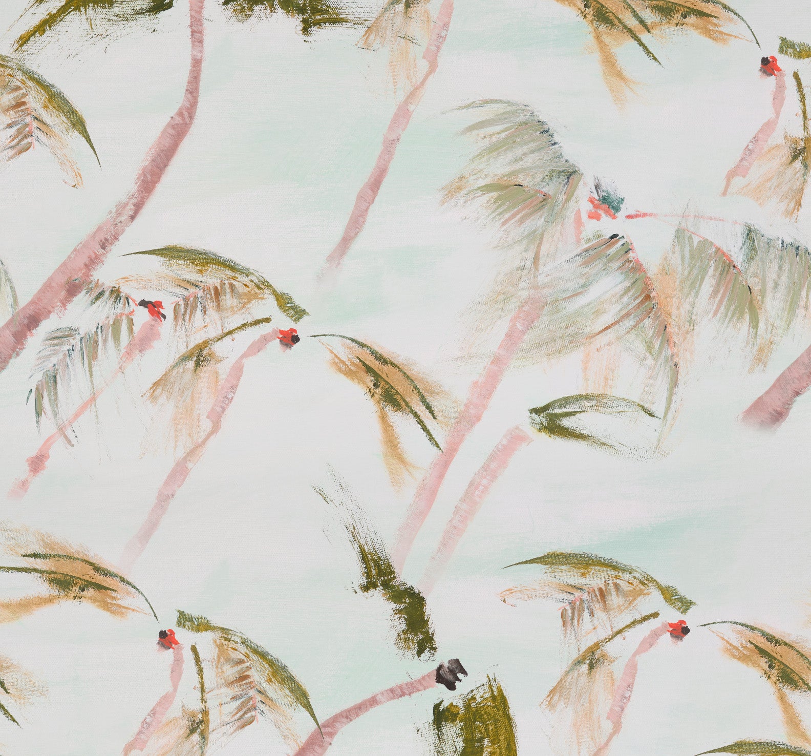Pattern of flamingos and palm trees on a light background